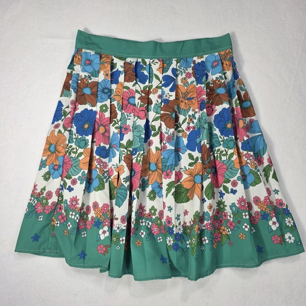 Retro 60's 70's Style Pleated Floral Border Skirt‎ Mod Flower Power Midi Skirt L